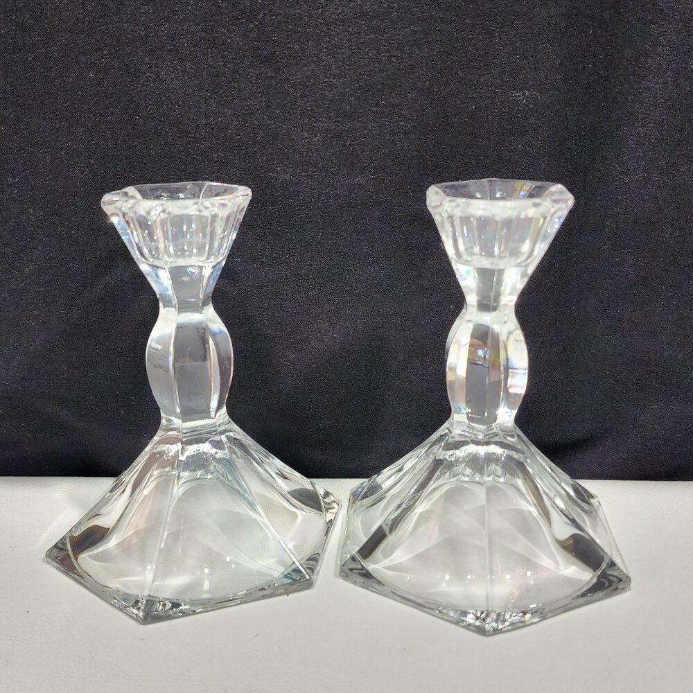 Vintage Clear Small Crystal Taper Candle Holder Set of 2